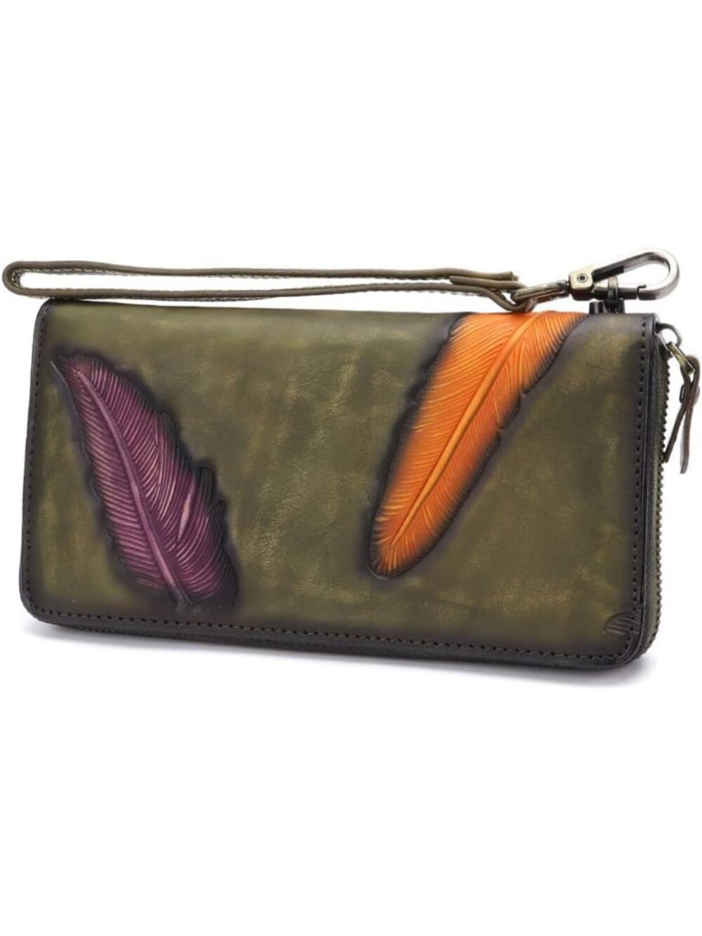 Genuine Leather Zip Around Wristlet Clutch - Vintage Embossed Green Purse